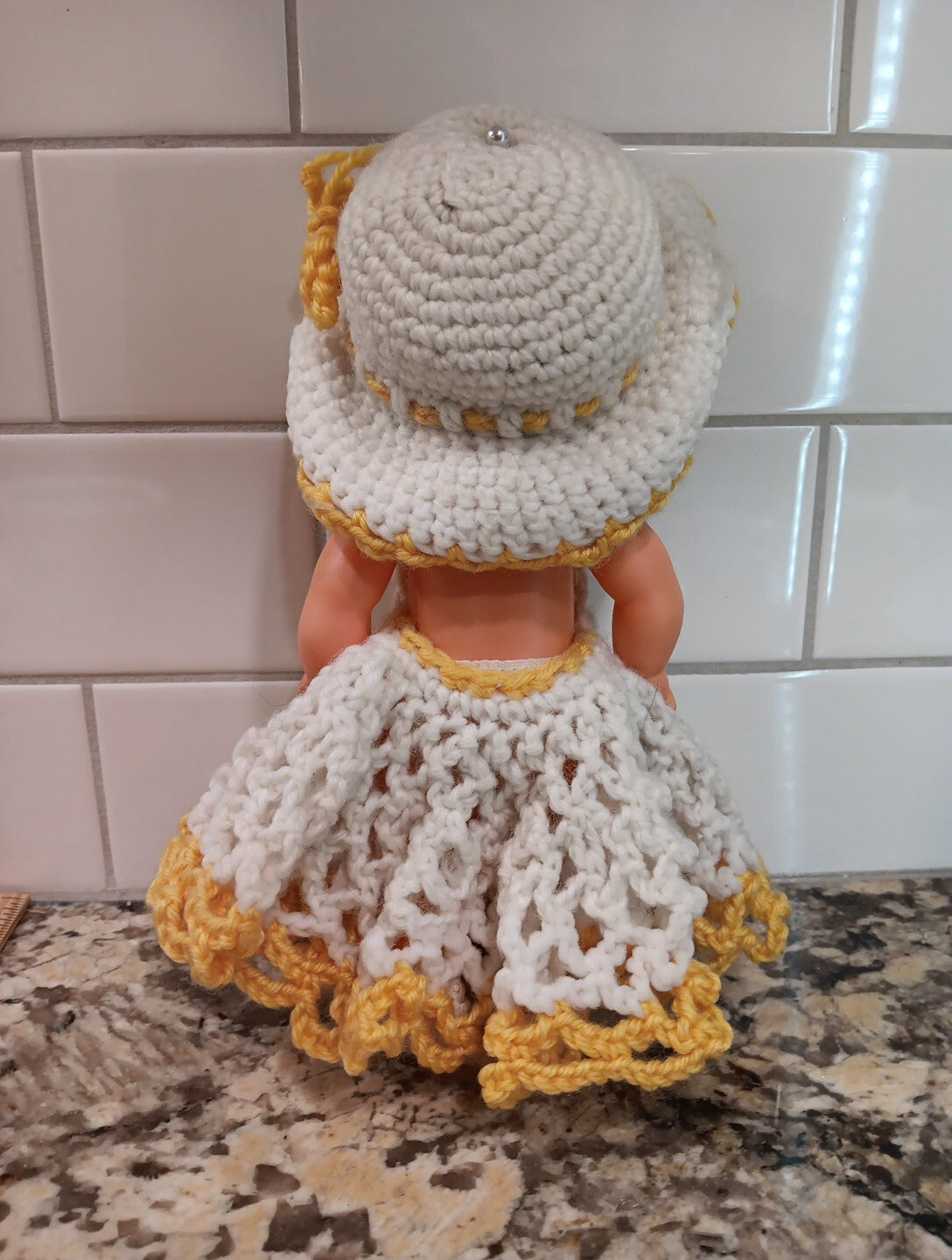 Vintage Hong Kong Brunette Doll Crochet Dress w Hat White And Yellow VTG