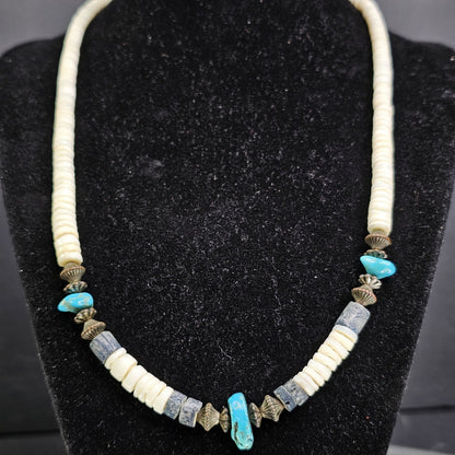 Vintage Authentic Southwest Graduated Puka Shell Necklace With Turquoise Stones