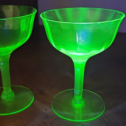 Vintage Uranium Glass Stemmed Wine Goblets  Set of 2 Glows Under 395 365