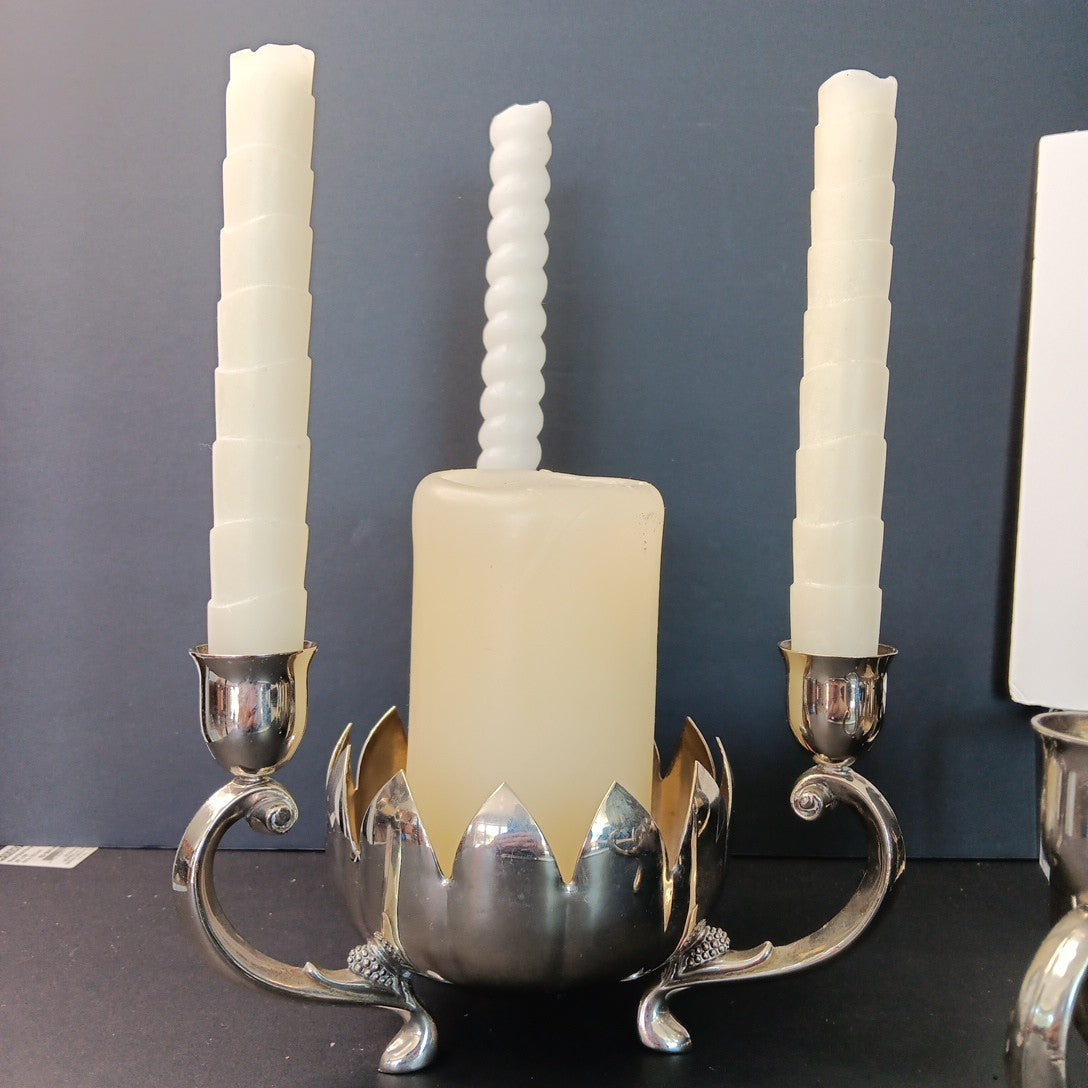 Pair Of Silver Plated Candelabras Lotus Flower Candle Holders. Read. No Candles