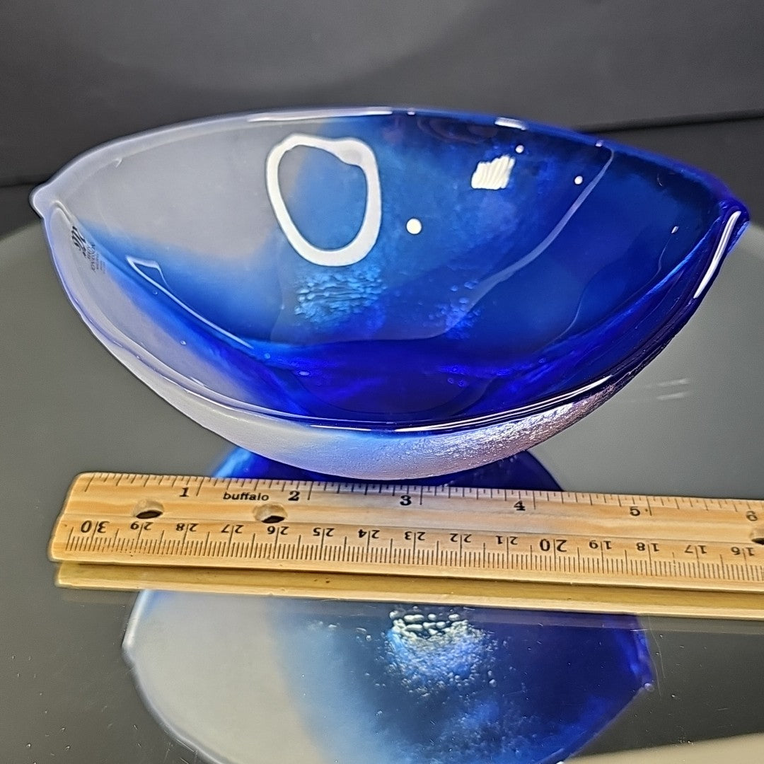 Mats Jonasson Hand Blown Glass Cobalt Blue White Dish Bowl Signed Nautical Ship