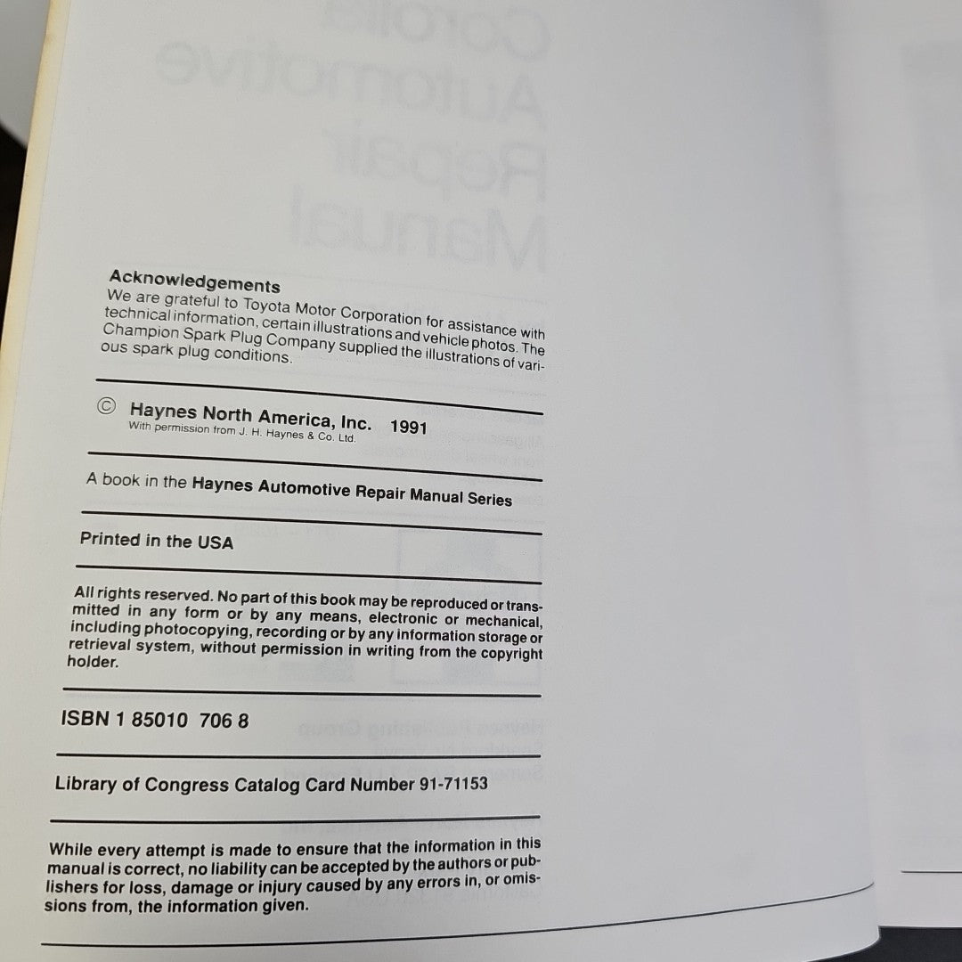 Haynes Toyota Corolla 1984-1991 Repair Manual Front-wheel Drive Models- 1025