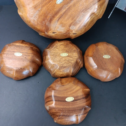 Vintage Monkey Pod Philippines Wood Salad Bowl Set ~ 5 Piece Flower Shaped