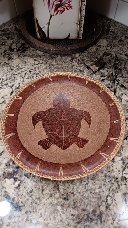 Redware Pottery Bowl With Turtle Design And Basket Weave Trim Handmade X