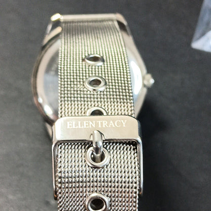 Ellen Tracy Silver Watch With Metal Band Rhinestones 34mm Face Good Condition