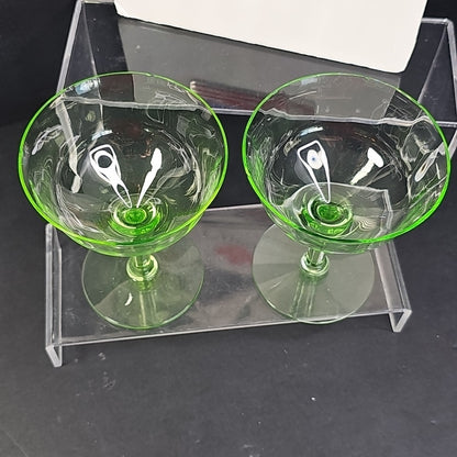 Vintage Uranium Glass Stemmed Wine Goblets  Set of 2 Glows Under 395 365