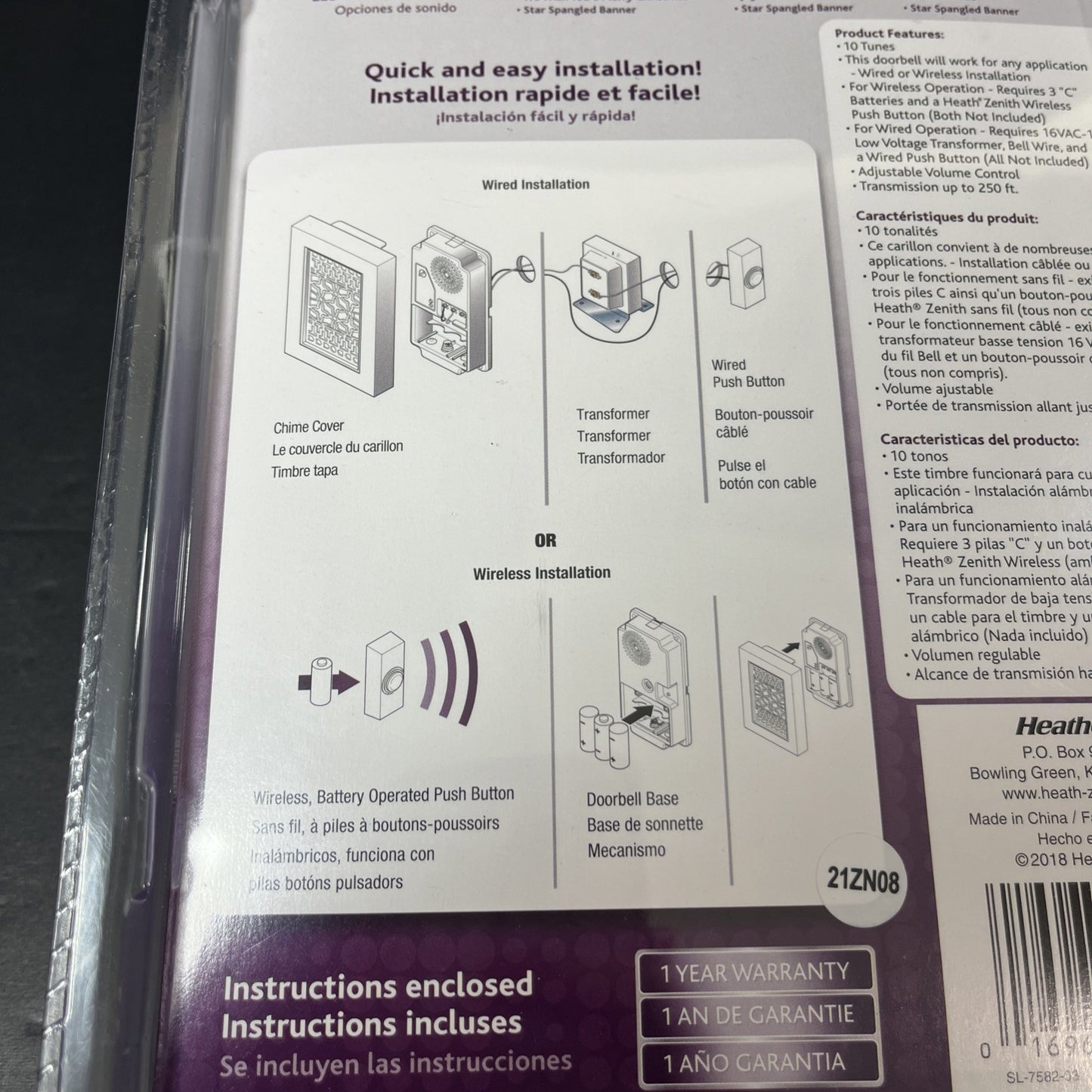 Heath Zenith SL-7582 Silver Plastic Design Wired and Wireless Doorbell Chime CN