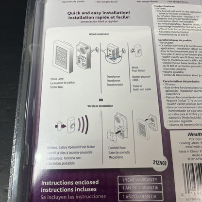 Heath Zenith SL-7582 Silver Plastic Design Wired and Wireless Doorbell Chime CN