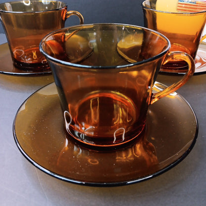 1970’s 3 Sets Duralex France Amber Glass Cups & Saucers Very Good Condition FR
