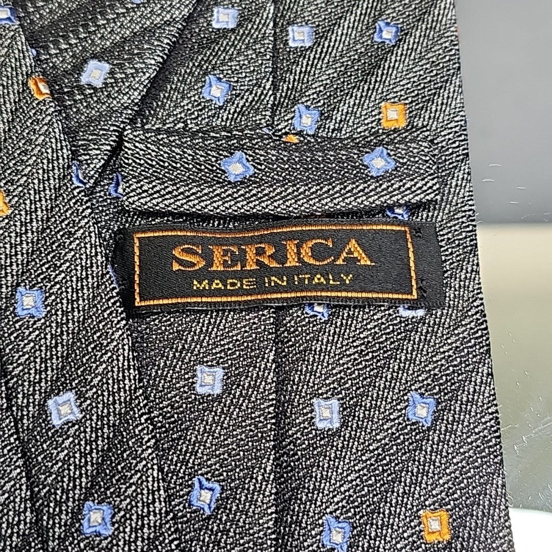 Serica Made in Italy Silk Tie Grey Box Cross Stripe Pattern Formal Career