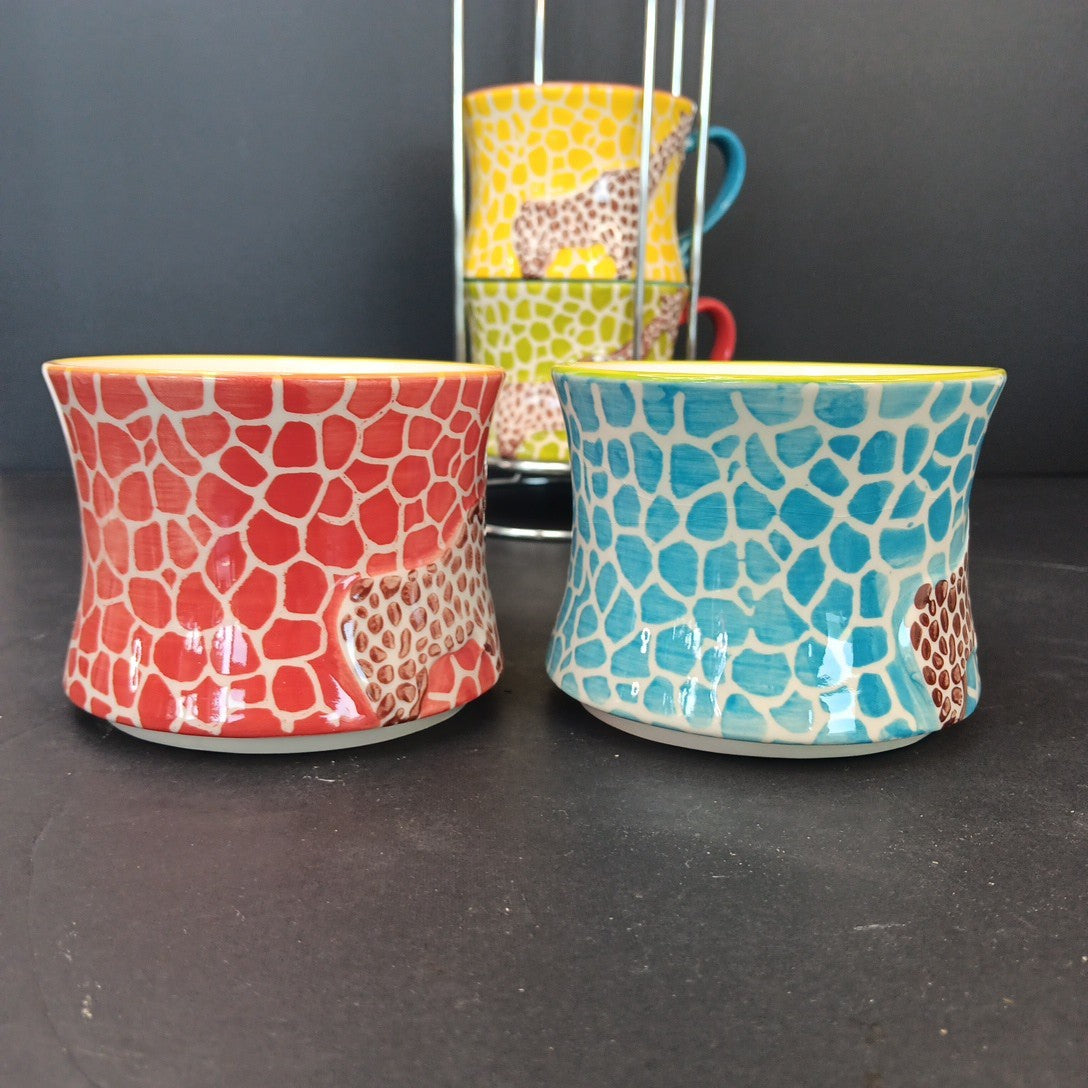Pier 1 Imports Giraffe Stackable Coffee Tea Mugs Cups Set of 4 Has Crazing CN