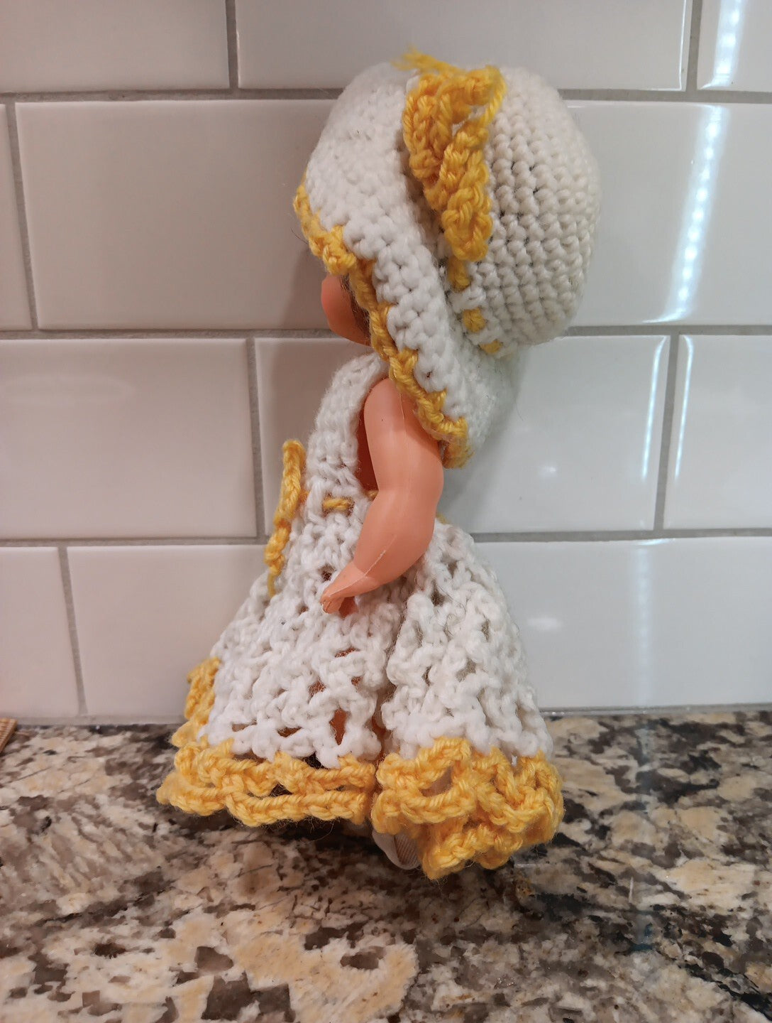 Vintage Hong Kong Brunette Doll Crochet Dress w Hat White And Yellow VTG