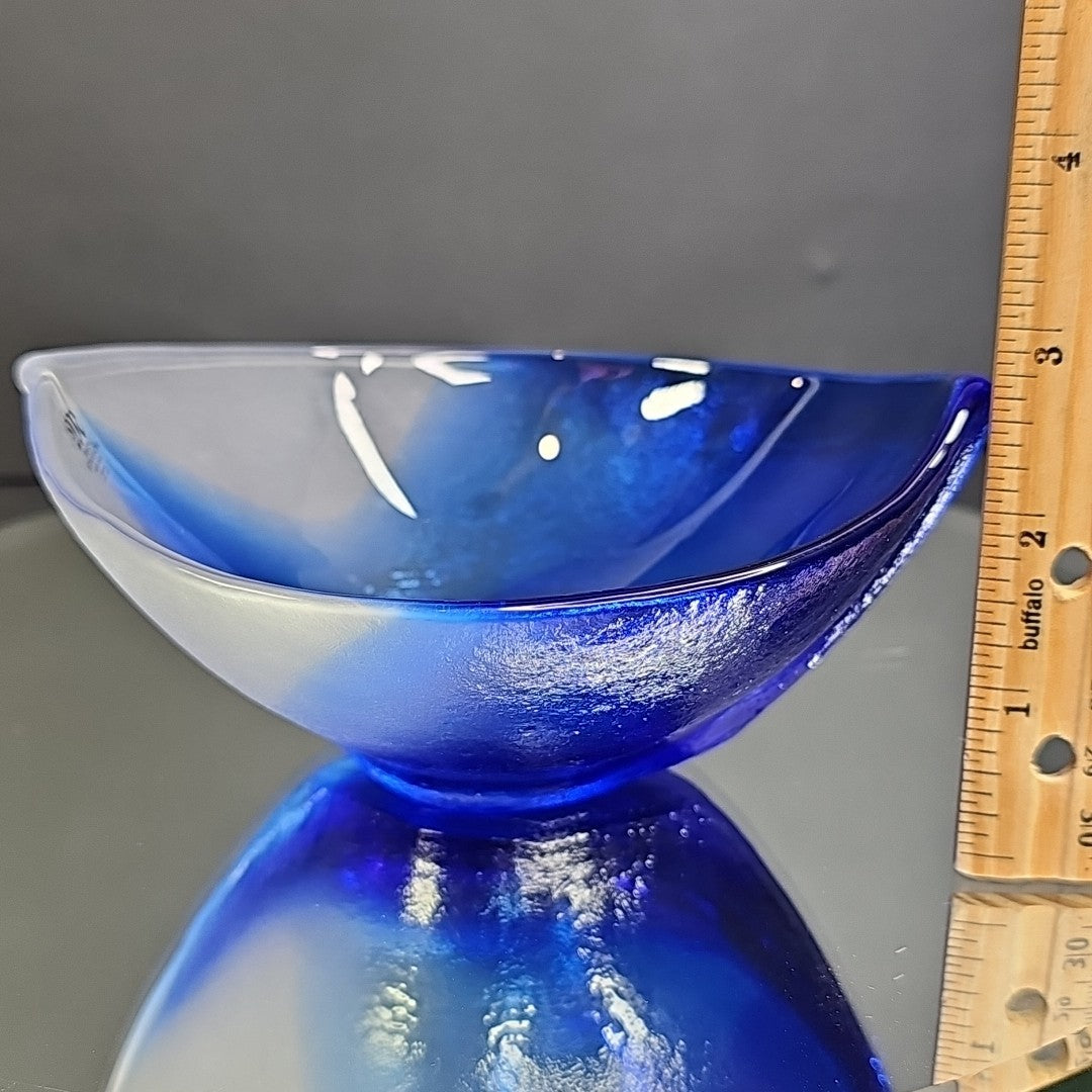 Mats Jonasson Hand Blown Glass Cobalt Blue White Dish Bowl Signed Nautical Ship