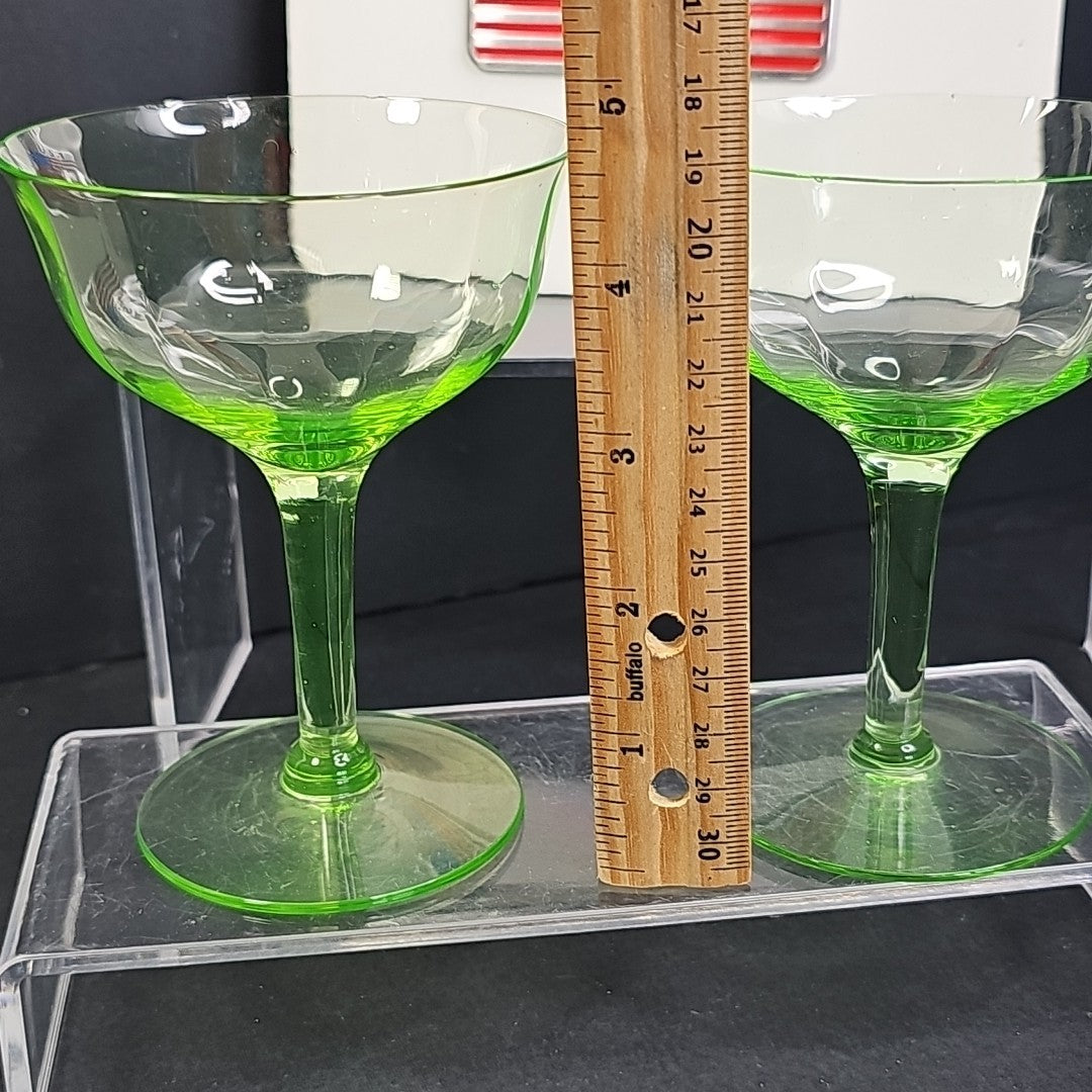 Vintage Uranium Glass Stemmed Wine Goblets  Set of 2 Glows Under 395 365