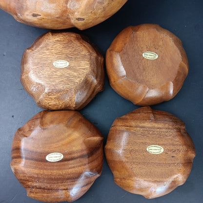 Vintage Monkey Pod Philippines Wood Salad Bowl Set ~ 5 Piece Flower Shaped