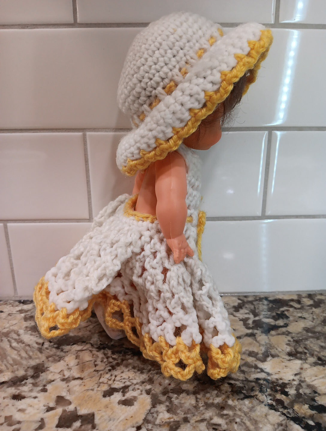 Vintage Hong Kong Brunette Doll Crochet Dress w Hat White And Yellow VTG