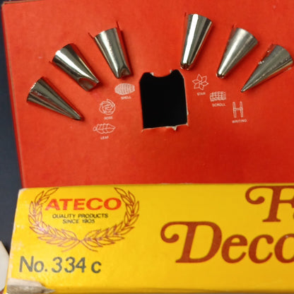 Ateco Pastry Decorating Set 334 c w/ Bag & 6 Metal Icing Tips Tubes Nozzles Vtg