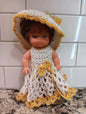Vintage Hong Kong Brunette Doll Crochet Dress w Hat White And Yellow VTG