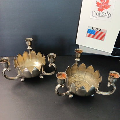 Pair Of Silver Plated Candelabras Lotus Flower Candle Holders. Read. No Candles