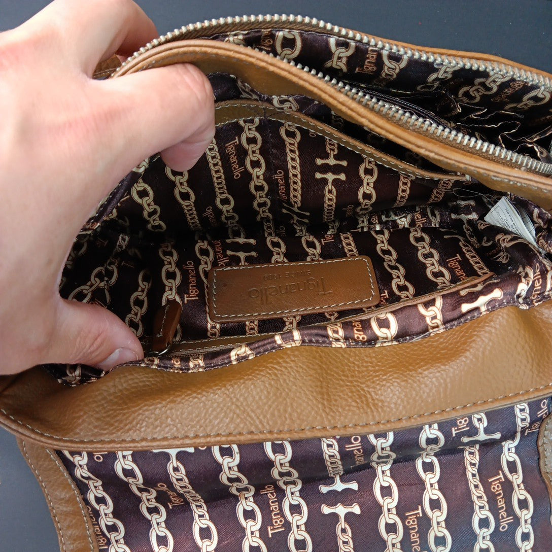 Tignanello Leather Brown Hobo Handbag Magnetic Zip Close Purse With Defects CN