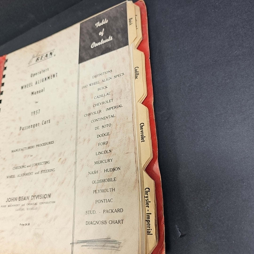 1957 JOHN BEAN OPERATORS WHEEL ALIGNMENT MANUAL PASSENGER CARS