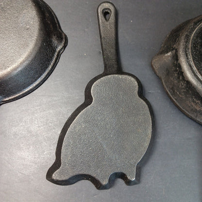 3 X Small Cast Iron Pans For Camping RV Travel Eggs Etc. Owl See Photos