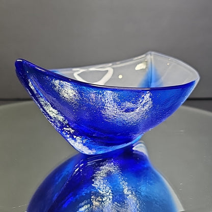 Mats Jonasson Hand Blown Glass Cobalt Blue White Dish Bowl Signed Nautical Ship