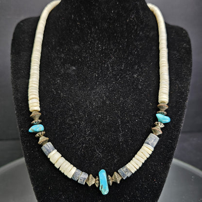 Vintage Authentic Southwest Graduated Puka Shell Necklace With Turquoise Stones