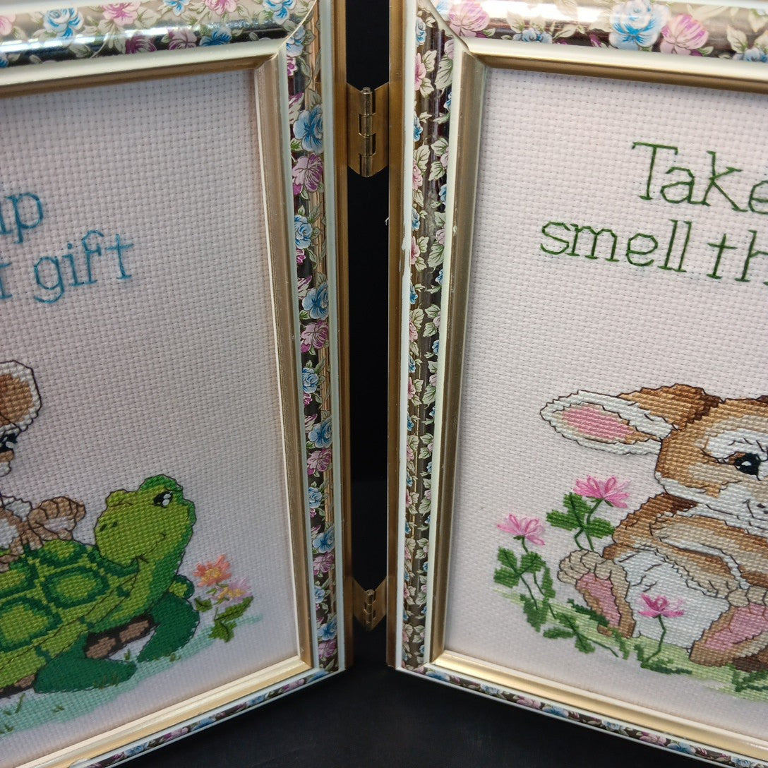 Needlepoint Finished In Frame Desk Decor Gorgeous! Turtle Rabbit Mouse Canada