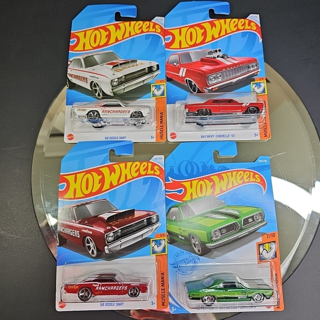 Four Hot Wheels Diecast Muscle Mania Cars Dodge Dart Chevy Chevelle Barracuda