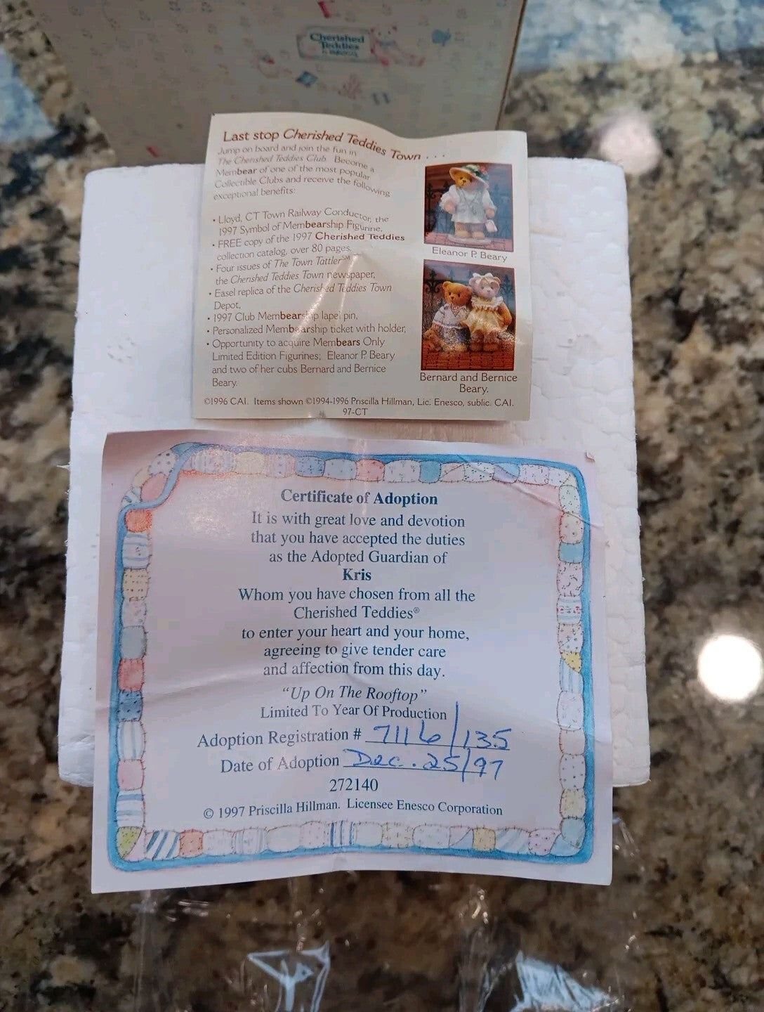 Cherished Teddies Enesco 1997 Kris #272140 "Up On The Rooftop" Vintage BOX CERT