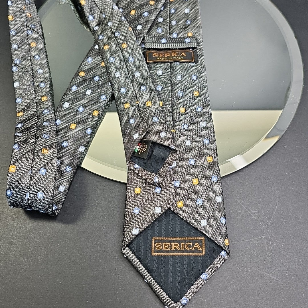 Serica Made in Italy Silk Tie Grey Box Cross Stripe Pattern Formal Career