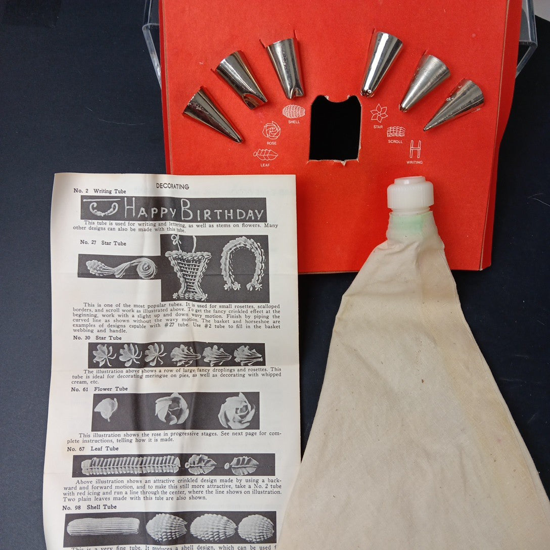 Ateco Pastry Decorating Set 334 c w/ Bag & 6 Metal Icing Tips Tubes Nozzles Vtg