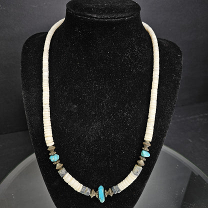 Vintage Authentic Southwest Graduated Puka Shell Necklace With Turquoise Stones