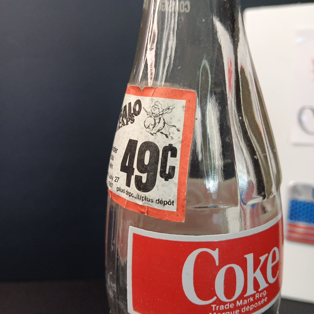 Vintage 1987 Coca Cola Canadian Bottle Buffalo Caps Sticker 300ml Canada ACL