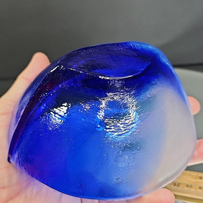 Mats Jonasson Hand Blown Glass Cobalt Blue White Dish Bowl Signed Nautical Ship