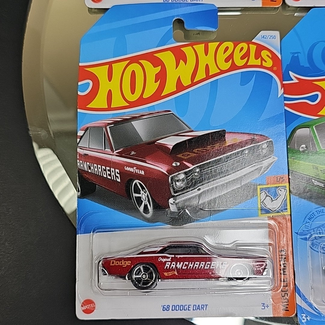 Four Hot Wheels Diecast Muscle Mania Cars Dodge Dart Chevy Chevelle Barracuda