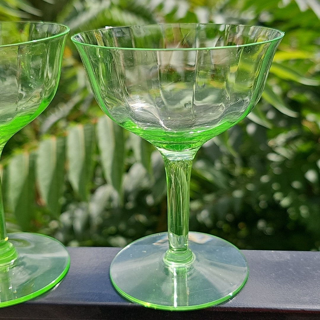 Vintage Uranium Glass Stemmed Wine Goblets  Set of 2 Glows Under 395 365