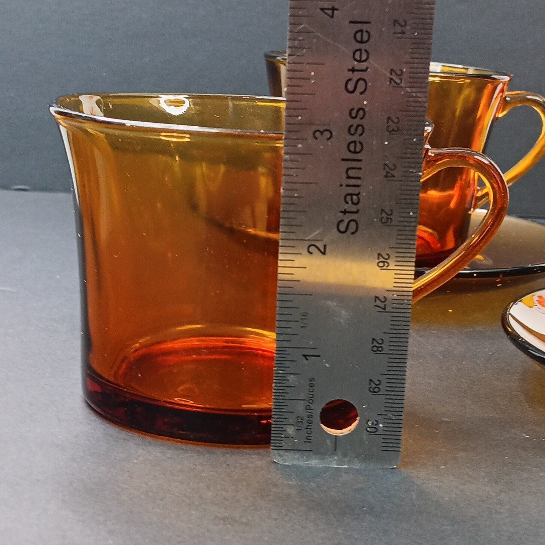 1970’s 3 Sets Duralex France Amber Glass Cups & Saucers Very Good Condition FR