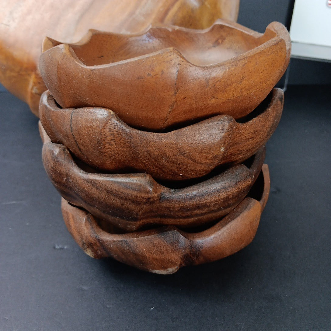 Vintage Monkey Pod Philippines Wood Salad Bowl Set ~ 5 Piece Flower Shaped