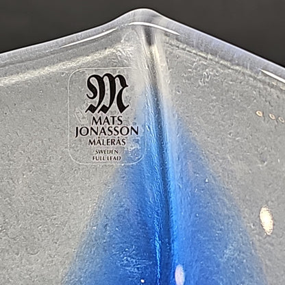 Mats Jonasson Hand Blown Glass Cobalt Blue White Dish Bowl Signed Nautical Ship