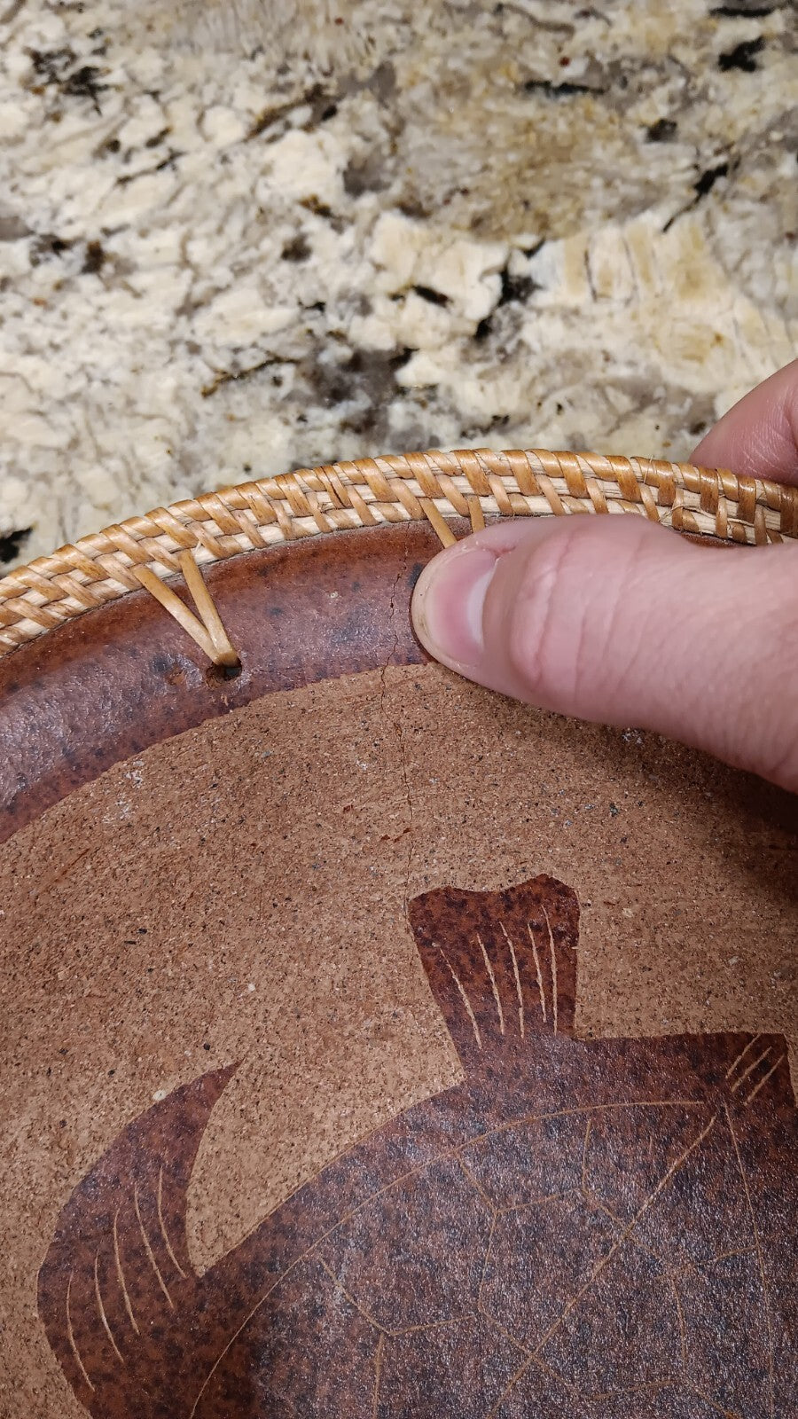 Redware Pottery Bowl With Turtle Design And Basket Weave Trim Handmade X