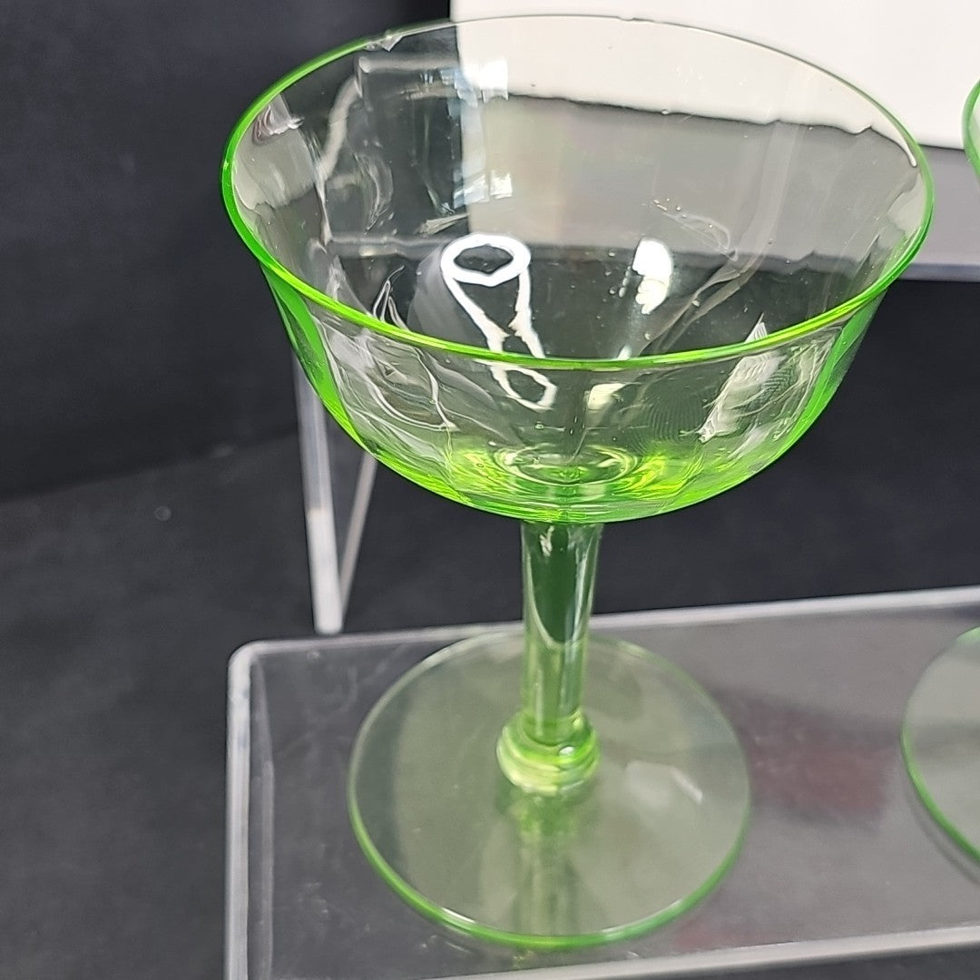Vintage Uranium Glass Stemmed Wine Goblets  Set of 2 Glows Under 395 365