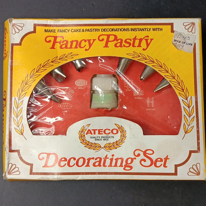 Ateco Pastry Decorating Set 334 c w/ Bag & 6 Metal Icing Tips Tubes Nozzles Vtg