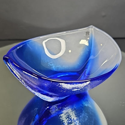 Mats Jonasson Hand Blown Glass Cobalt Blue White Dish Bowl Signed Nautical Ship