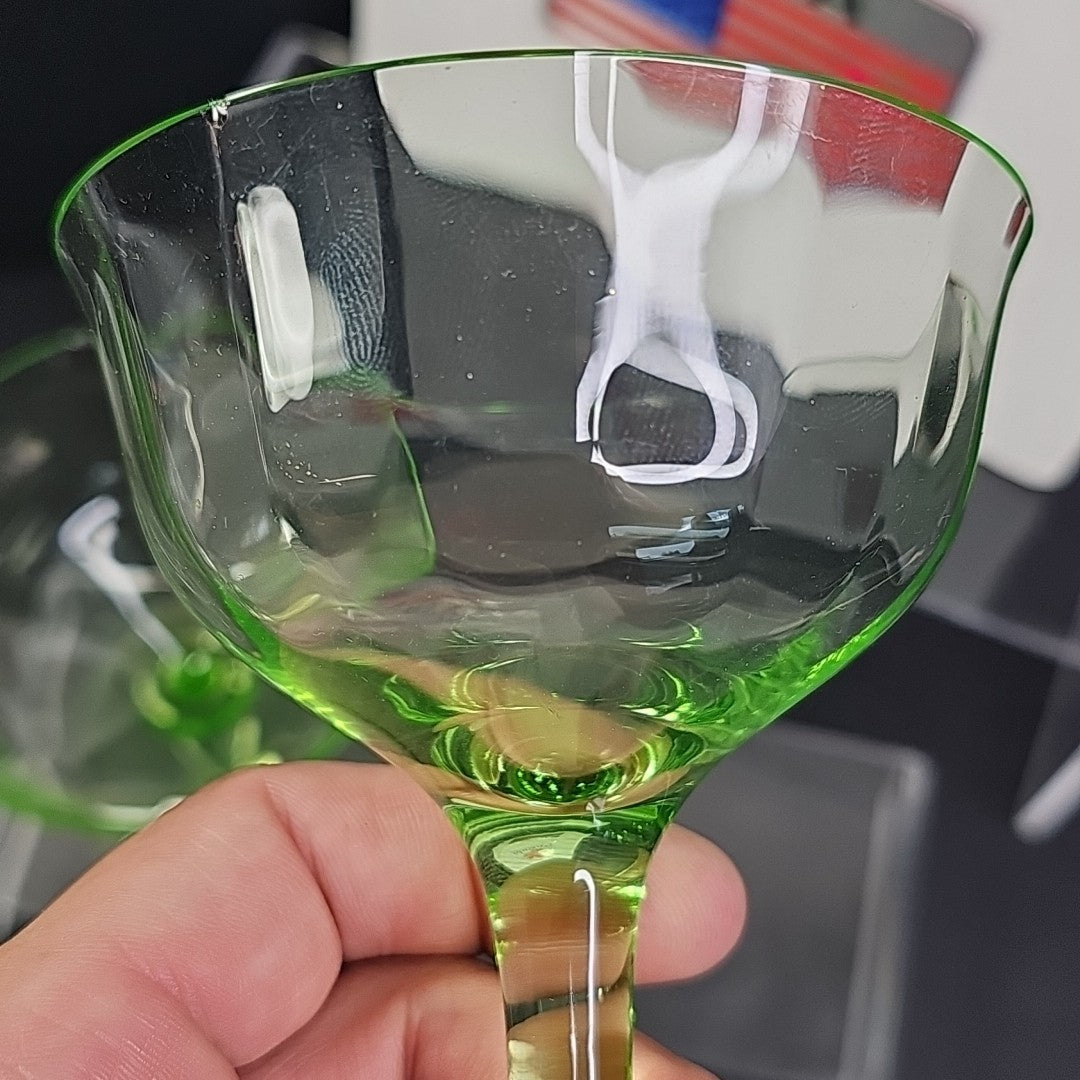 Vintage Uranium Glass Stemmed Wine Goblets  Set of 2 Glows Under 395 365