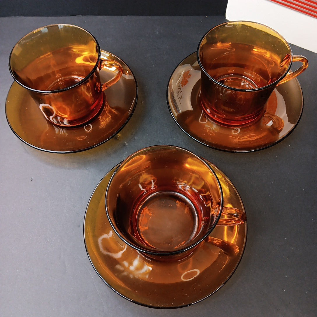 1970’s 3 Sets Duralex France Amber Glass Cups & Saucers Very Good Condition FR