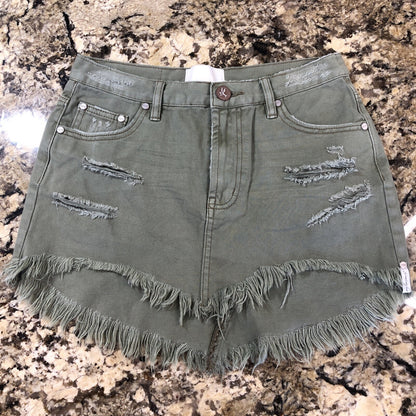 Size 26 One Teaspoon Womens Jean Skirt Olive Green Rips Fringe Grunge CN