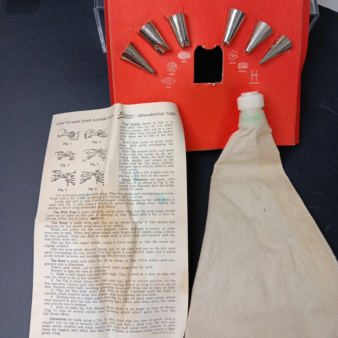 Ateco Pastry Decorating Set 334 c w/ Bag & 6 Metal Icing Tips Tubes Nozzles Vtg
