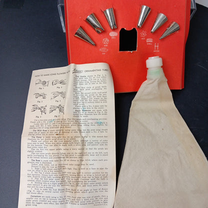 Ateco Pastry Decorating Set 334 c w/ Bag & 6 Metal Icing Tips Tubes Nozzles Vtg